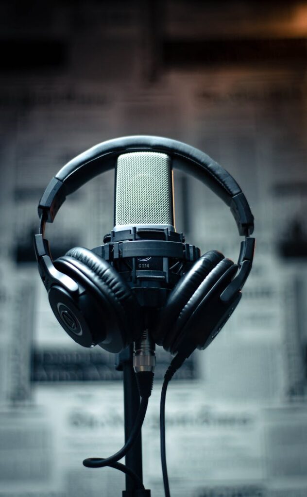 Black Headset on Condenser Microphone with blury background